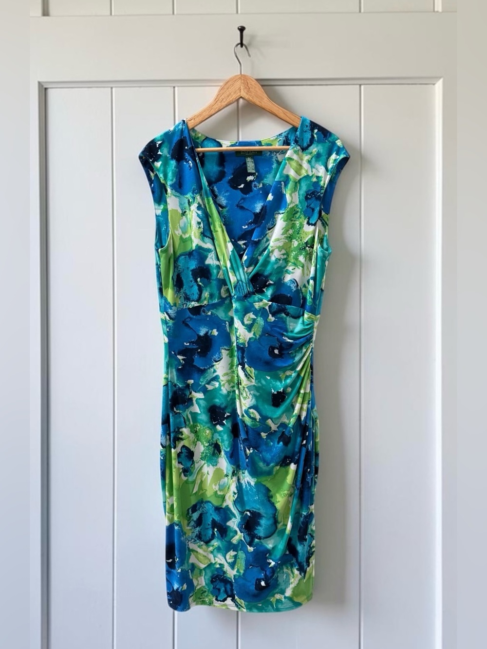 NWT Lauren by Ralph Lauren Blue & Green Floral V-Neck Sleeveless Dress! 16W NEW!